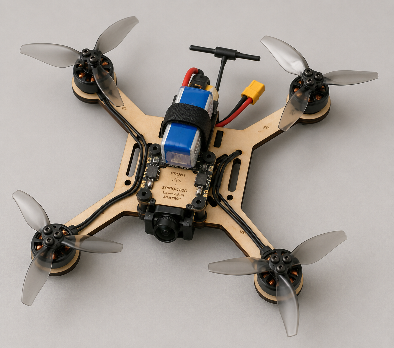 AI-generated concept rendering of the SPRIG-120C mini quadcopter: laser-cut birch frame with motors, FPV camera, flight controller, and LiPo battery